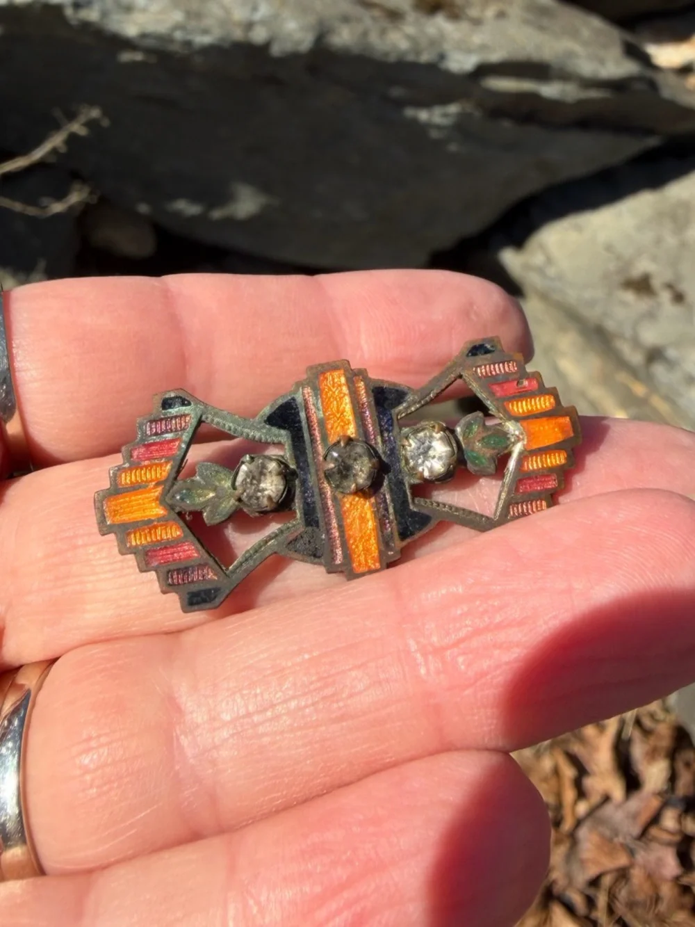 Vintage Art Deco Orange Enamel Rhinestone Fan Brooch - Picture 8 of 9